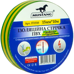 Ізоляційна стрічка ПВХ Mustang 15мм*10м жовто-зелена IT1510ЖЗ